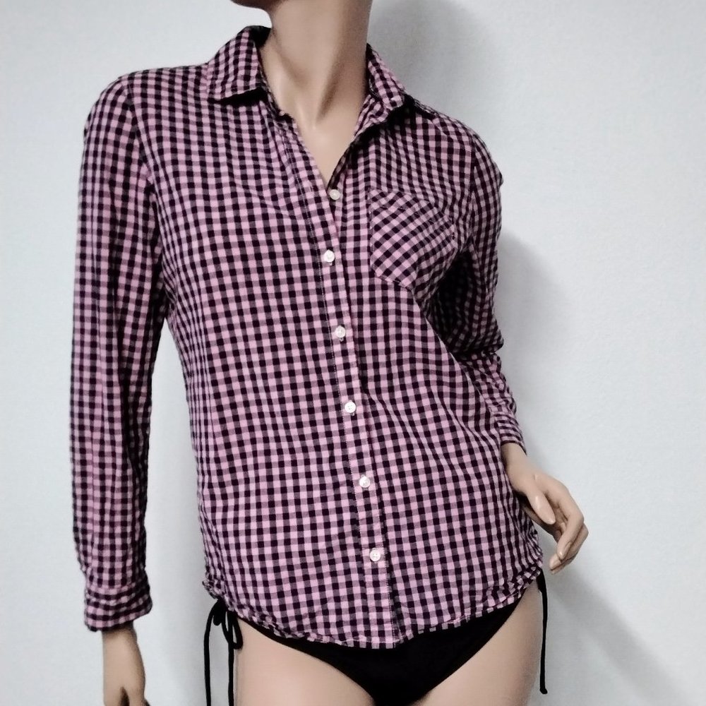 Prince & Fox Women Shirt Size M Plaid Pinkish Purple Black Pocket Aeropostale 10